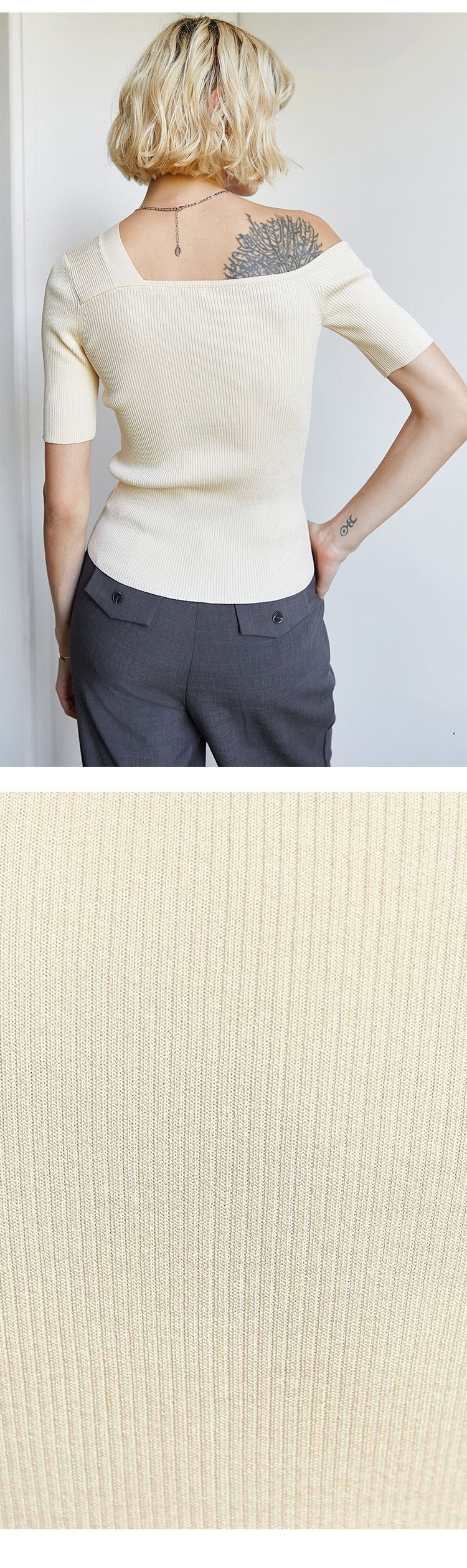 Elegant Beige Ribbed Knit Top for Women With Asymmetric Short Sleeves for Fall