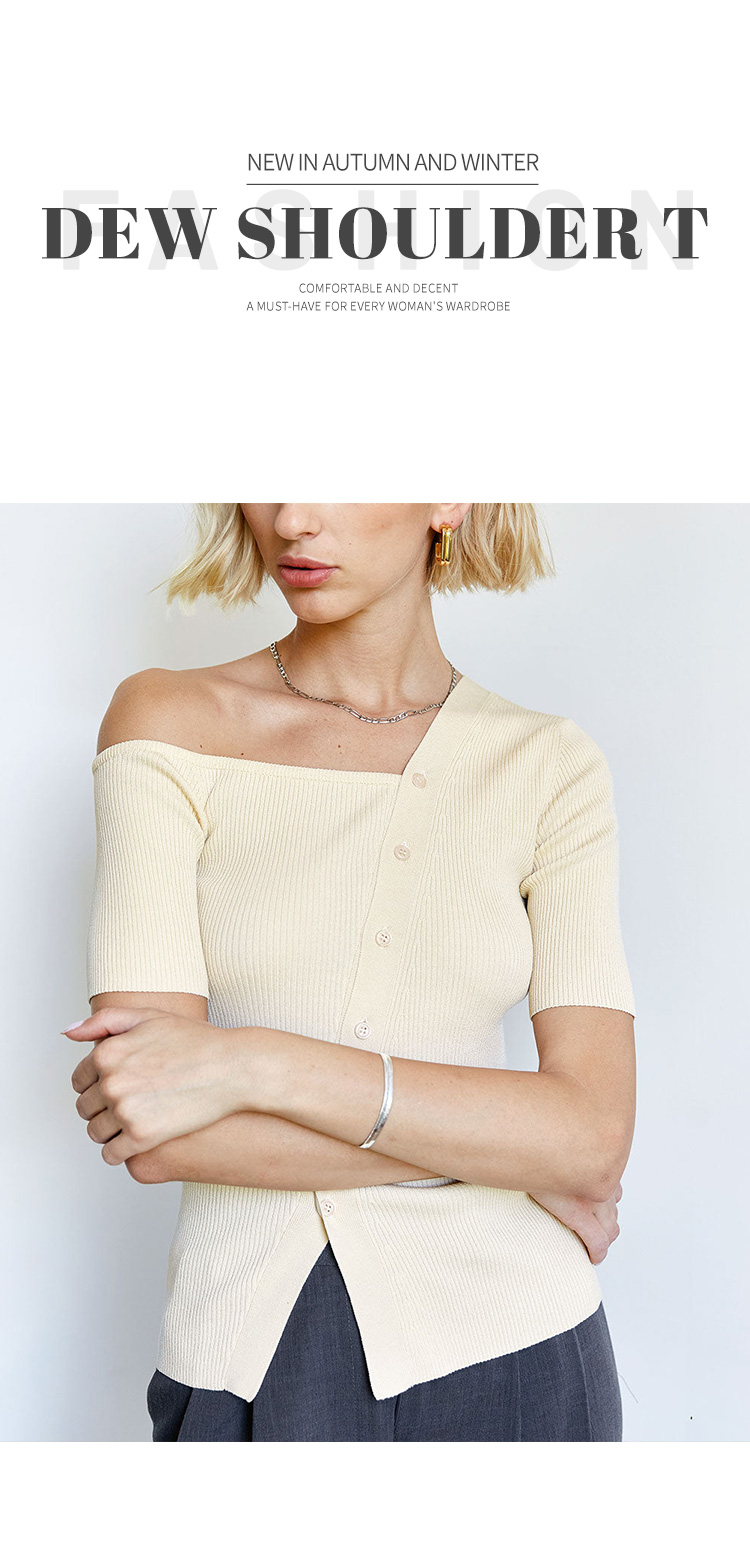 Elegant Beige Ribbed Knit Top for Women With Asymmetric Short Sleeves for Fall