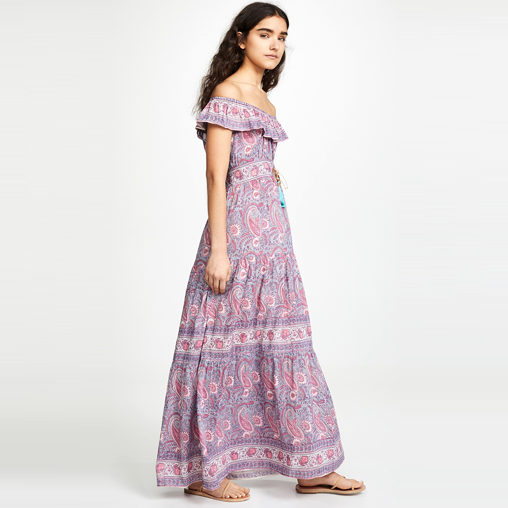 Summer Casual Off-Shoulder Long Boho Printed Chiffon Dress Plus Size A-Line With Sleeveless Natural Waistline ODM Supply Adults