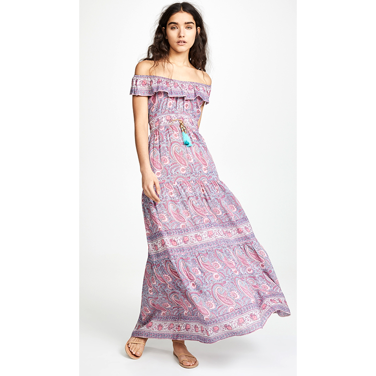 Summer Casual Off-Shoulder Long Boho Printed Chiffon Dress Plus Size A-Line With Sleeveless Natural Waistline ODM Supply Adults
