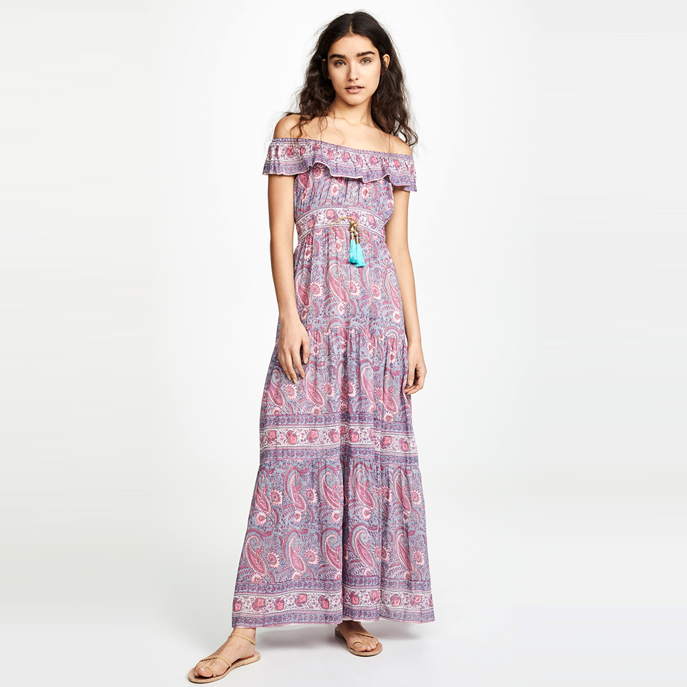 Summer Casual Off-Shoulder Long Boho Printed Chiffon Dress Plus Size A-Line With Sleeveless Natural Waistline ODM Supply Adults