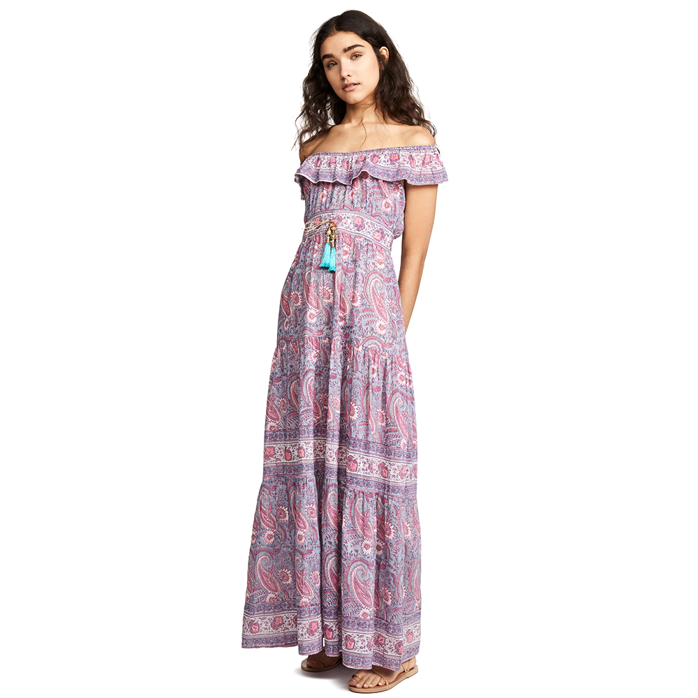 Summer Casual Off-Shoulder Long Boho Printed Chiffon Dress Plus Size A-Line With Sleeveless Natural Waistline ODM Supply Adults