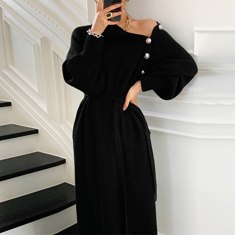 2024 Korean Autumn Winter Coat Long Knitted Women Sweater Dress Satin Long Sleeve Ladies Office Design Custom Fashion Dress