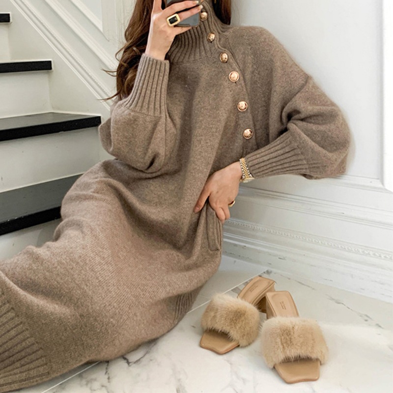 2024 Korean Autumn Winter Coat Long Knitted Women Sweater Dress Satin Long Sleeve Ladies Office Design Custom Fashion Dress