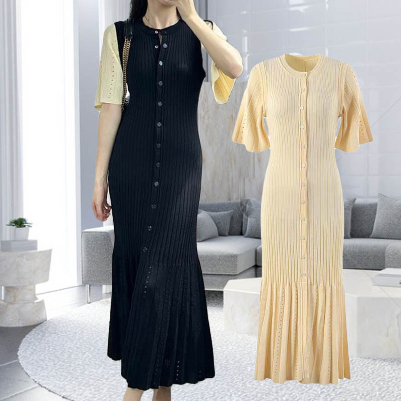 Women 2024 Ramadan Fashion Temperament O-neck Slim Mermaid Button Down Knitted Short Sleeved Midi Robe Sandro Dress