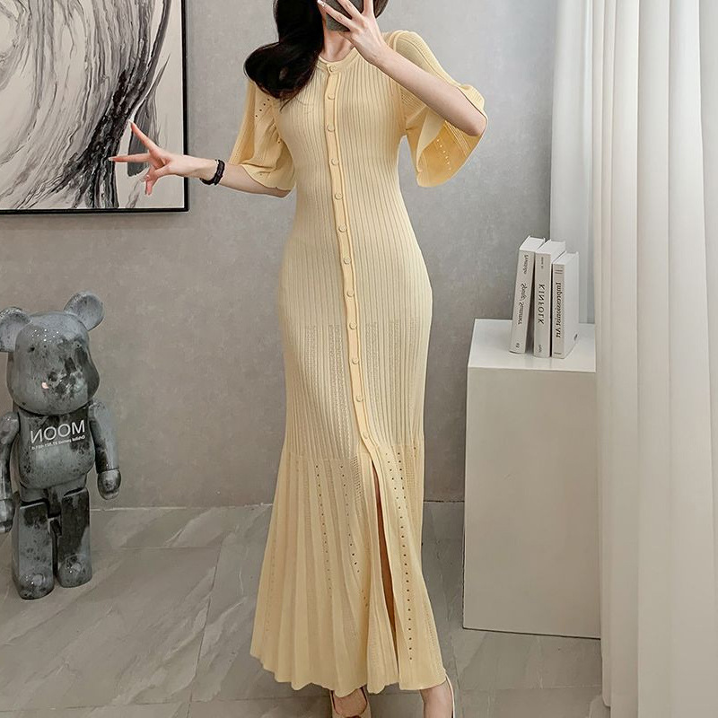 Women 2024 Ramadan Fashion Temperament O-neck Slim Mermaid Button Down Knitted Short Sleeved Midi Robe Sandro Dress