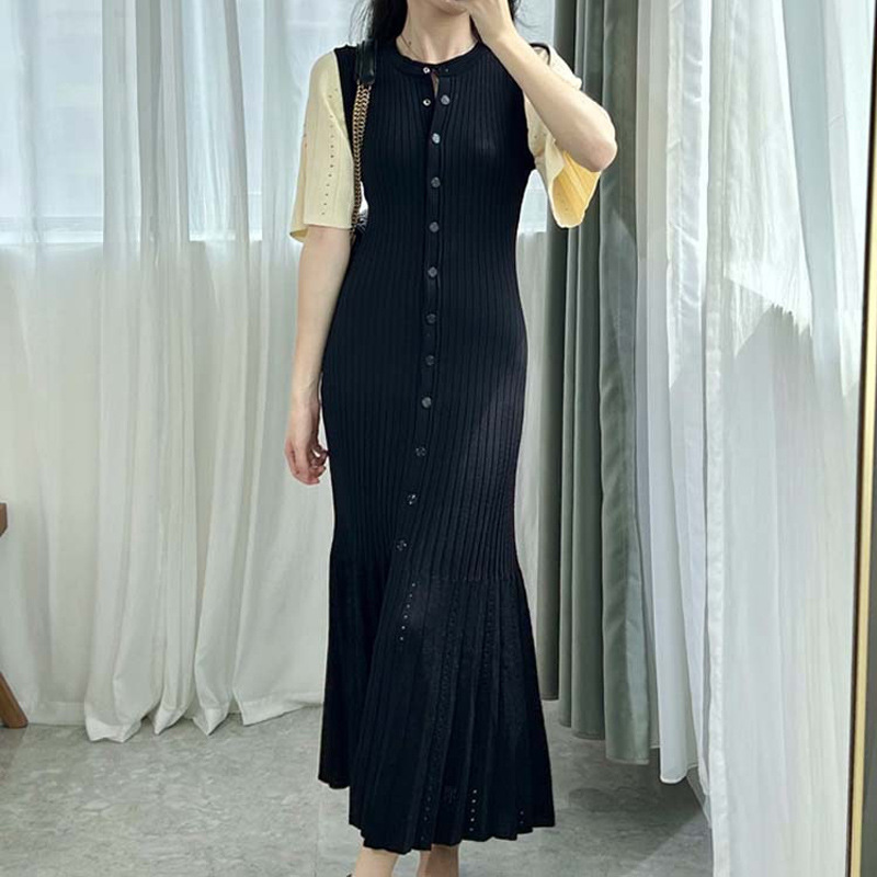 Women 2024 Ramadan Fashion Temperament O-neck Slim Mermaid Button Down Knitted Short Sleeved Midi Robe Sandro Dress