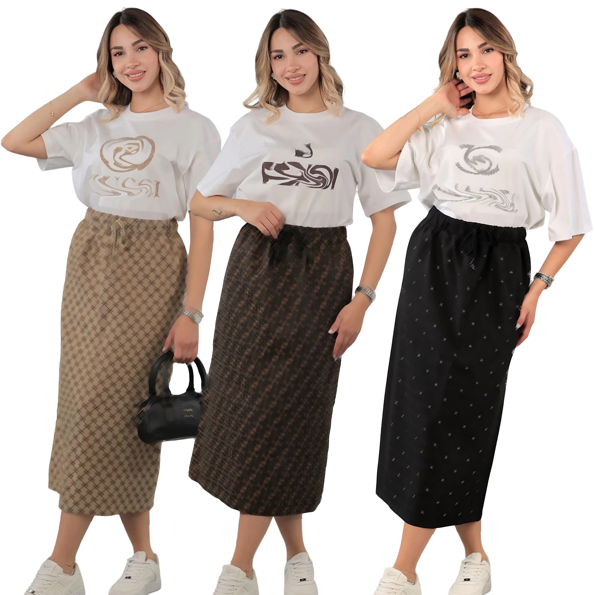 2025 European American Cool Mid-Length Skirt Suit for Women Floral New Fashion Elegant Casual Short-Sleeved Slim Loose