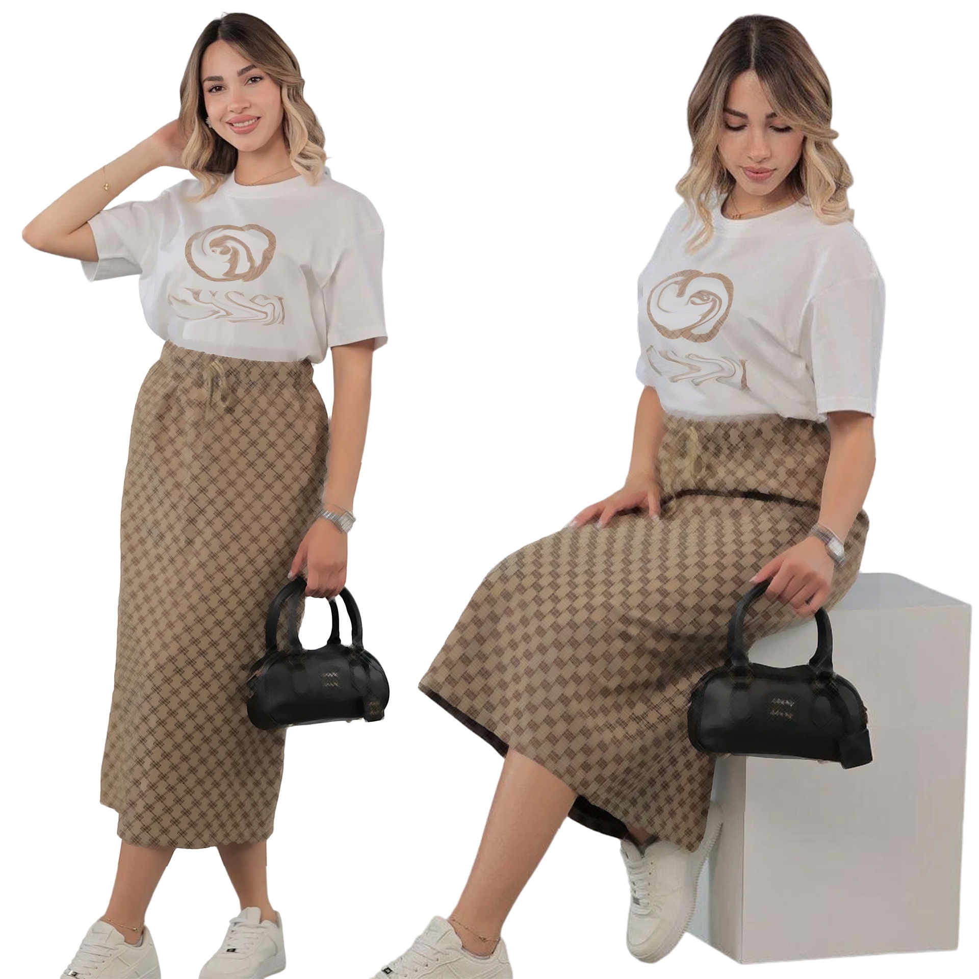 2025 European American Cool Mid-Length Skirt Suit for Women Floral New Fashion Elegant Casual Short-Sleeved Slim Loose