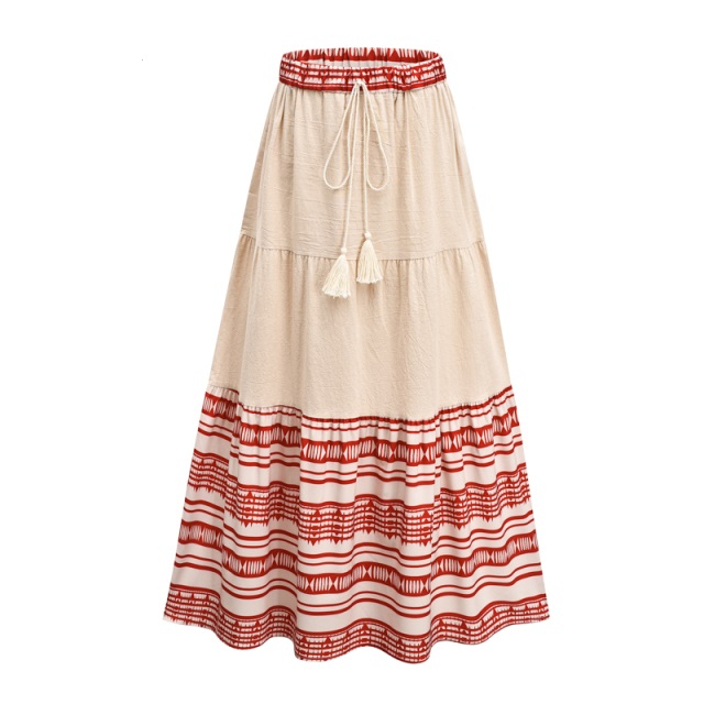 Fashion Bohemian Long Skirt Women's Elegant Holiday Summer Casual High Elastic Waist Skirt Floral Print Sea Blue Retro Skirt