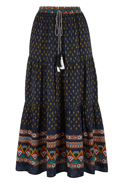 Fashion Bohemian Long Skirt Women's Elegant Holiday Summer Casual High Elastic Waist Skirt Floral Print Sea Blue Retro Skirt