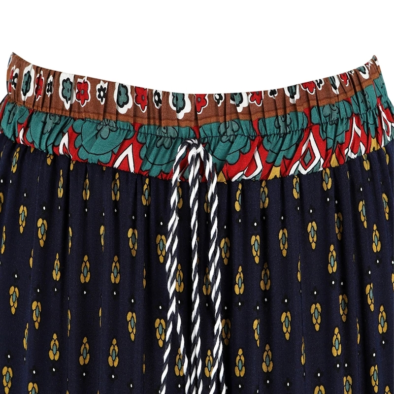 Fashion Bohemian Long Skirt Women's Elegant Holiday Summer Casual High Elastic Waist Skirt Floral Print Sea Blue Retro Skirt