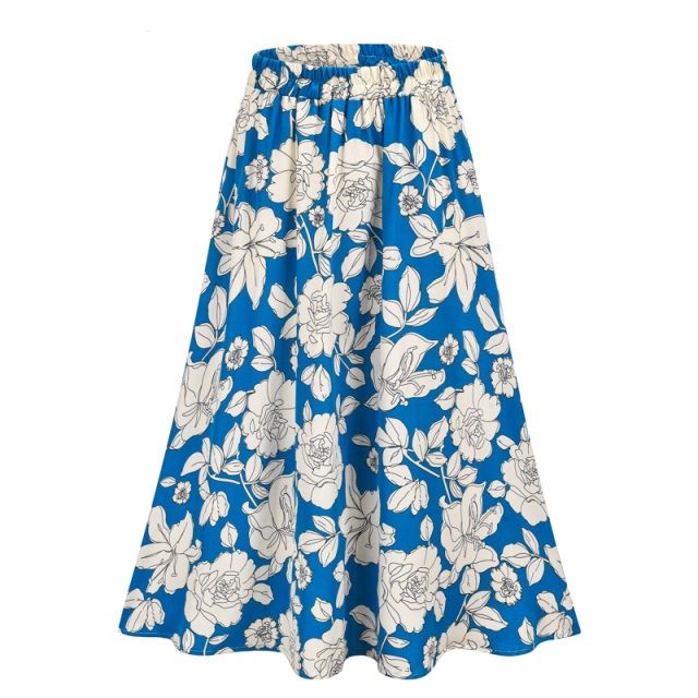 Fashion Bohemian Long Skirt Women's Elegant Holiday Summer Casual High Elastic Waist Skirt Floral Print Sea Blue Retro Skirt