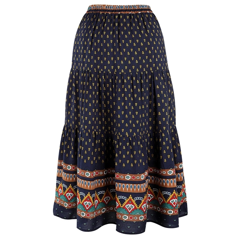 Fashion Bohemian Long Skirt Women's Elegant Holiday Summer Casual High Elastic Waist Skirt Floral Print Sea Blue Retro Skirt