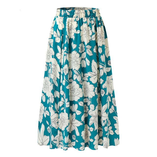 Fashion Bohemian Long Skirt Women's Elegant Holiday Summer Casual High Elastic Waist Skirt Floral Print Sea Blue Retro Skirt