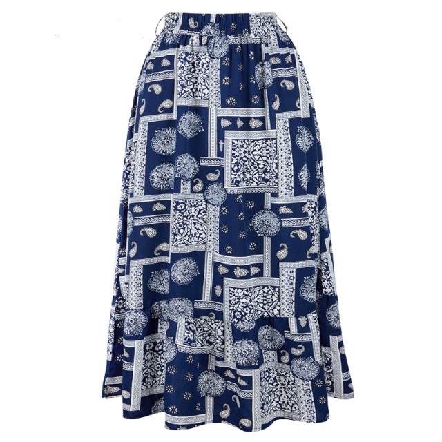 Fashion Bohemian Long Skirt Women's Elegant Holiday Summer Casual High Elastic Waist Skirt Floral Print Sea Blue Retro Skirt