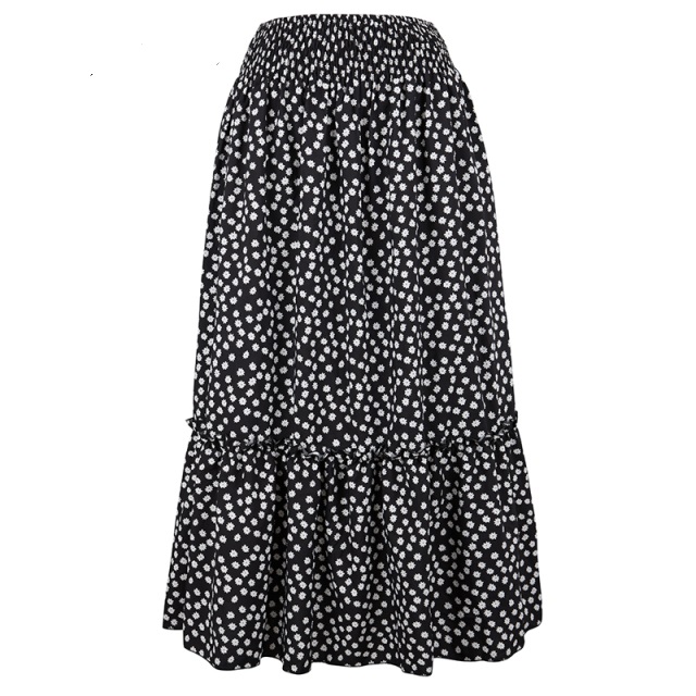 Fashion Bohemian Long Skirt Women's Elegant Holiday Summer Casual High Elastic Waist Skirt Floral Print Sea Blue Retro Skirt