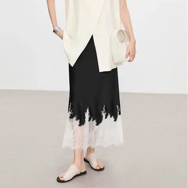 Fairy Lace-Trim Midi Skirt High Waist Elegant Wrapped Hip Long Skirts Party 2025 Fashion Trends Summer Women Clothing