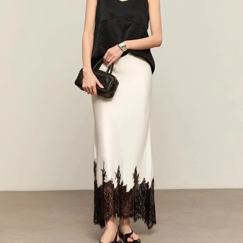 Fairy Lace-Trim Midi Skirt High Waist Elegant Wrapped Hip Long Skirts Party 2025 Fashion Trends Summer Women Clothing