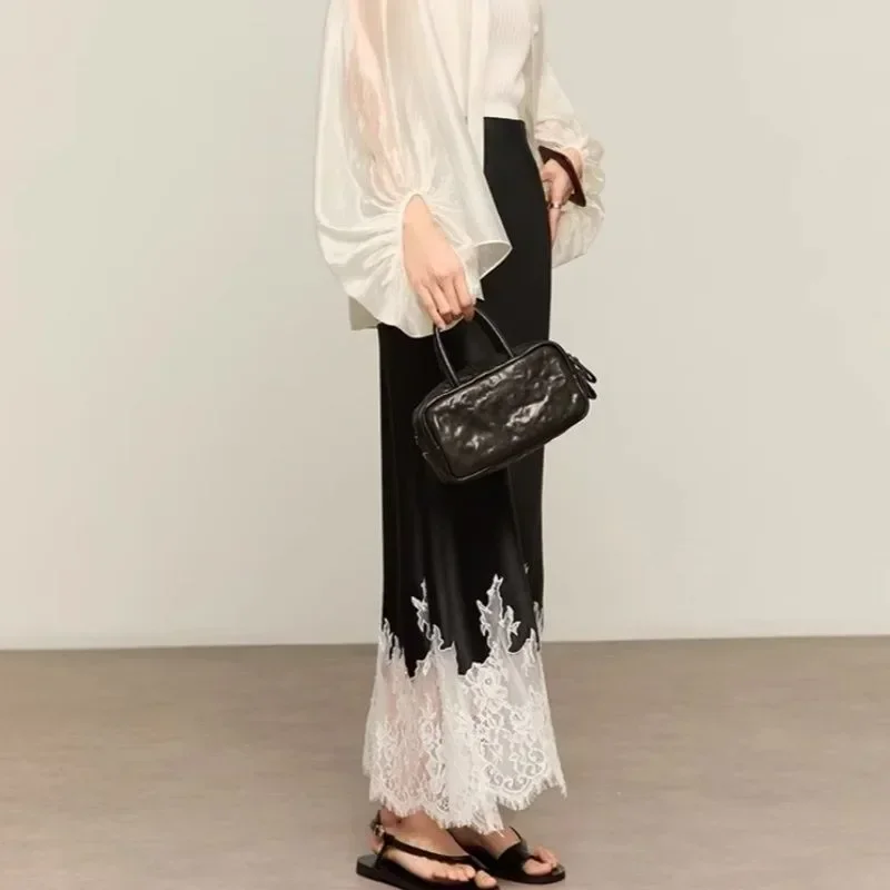 Fairy Lace-Trim Midi Skirt High Waist Elegant Wrapped Hip Long Skirts Party 2025 Fashion Trends Summer Women Clothing