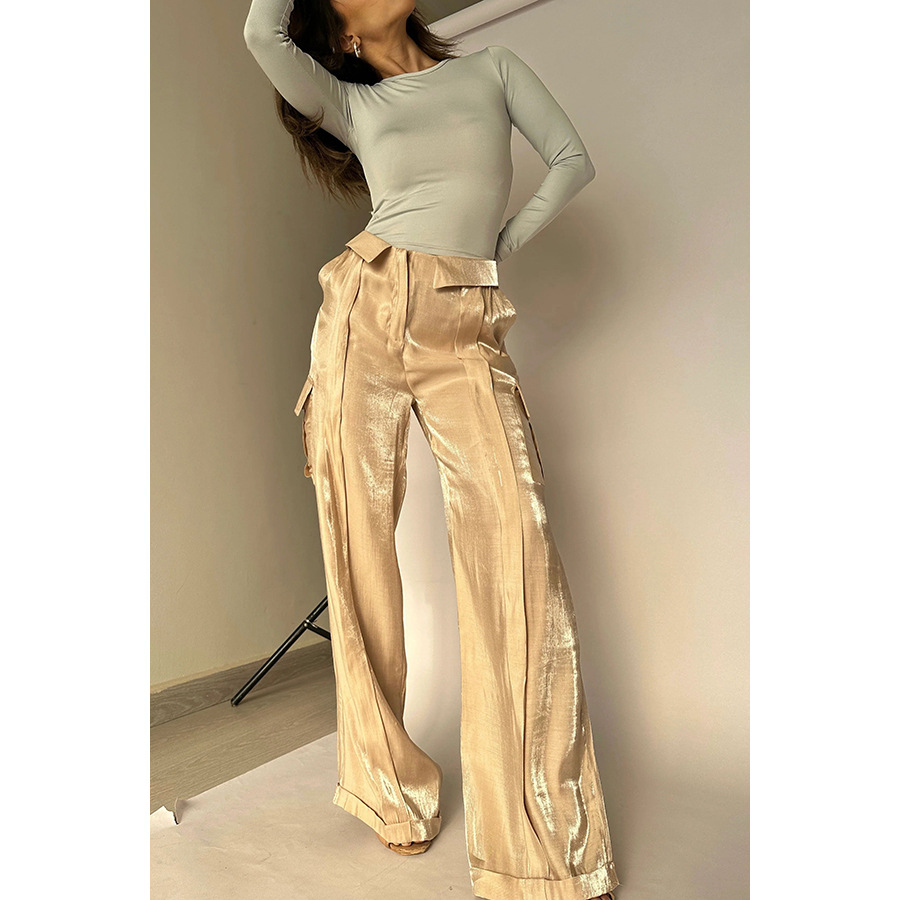 2024 New Summer Solid Color Loose Casual Trousers Zipper Lace up Pants Multi Pocket Women's Wide Leg Pants