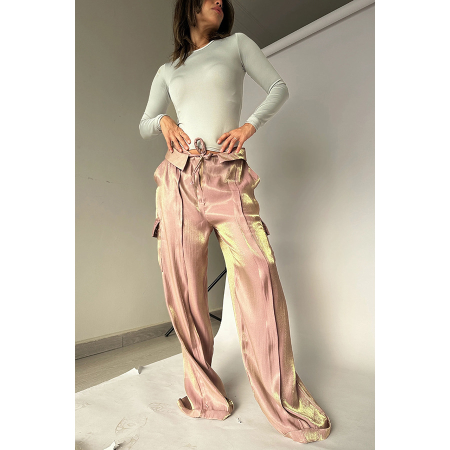2024 New Summer Solid Color Loose Casual Trousers Zipper Lace up Pants Multi Pocket Women's Wide Leg Pants