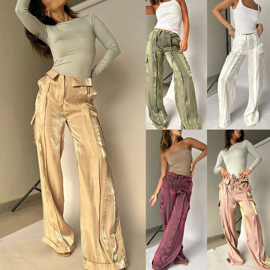 2024 New Summer Solid Color Loose Casual Trousers Zipper Lace up Pants Multi Pocket Women's Wide Leg Pants