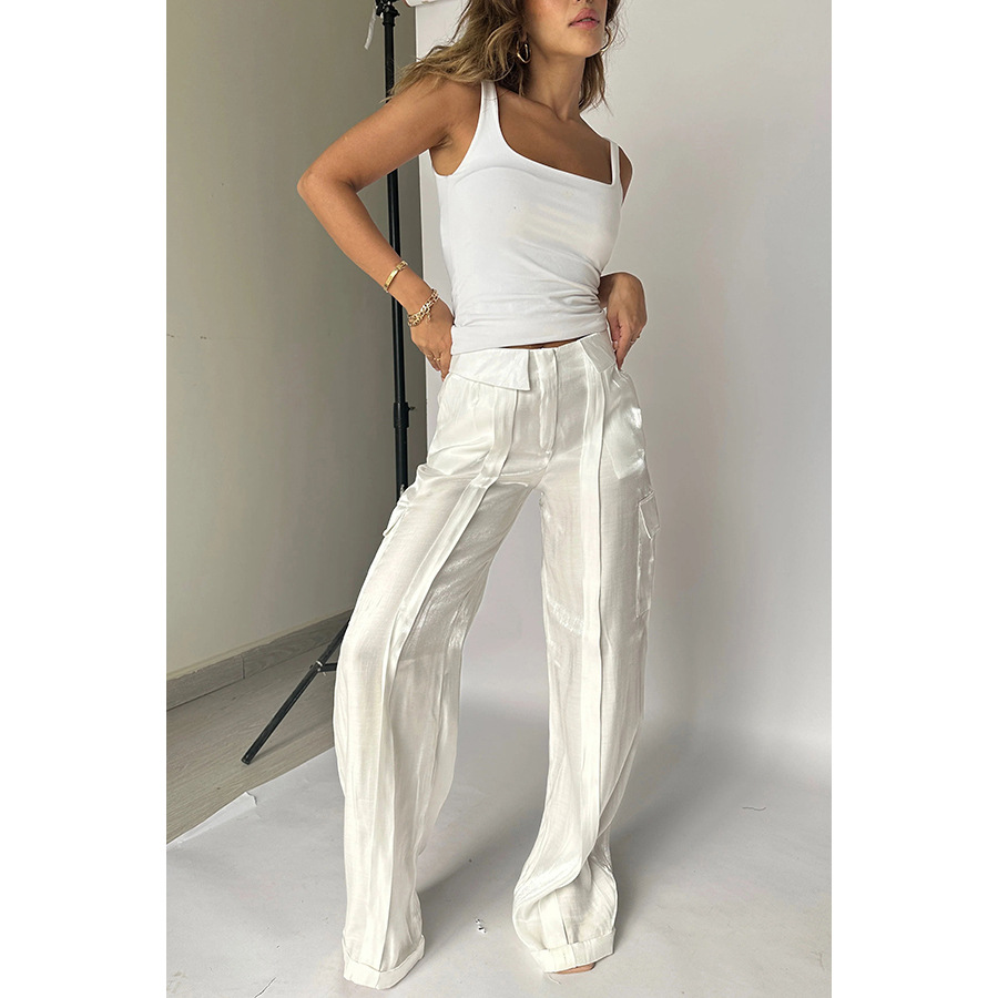 2024 New Summer Solid Color Loose Casual Trousers Zipper Lace up Pants Multi Pocket Women's Wide Leg Pants