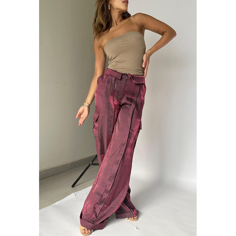 2024 New Summer Solid Color Loose Casual Trousers Zipper Lace up Pants Multi Pocket Women's Wide Leg Pants