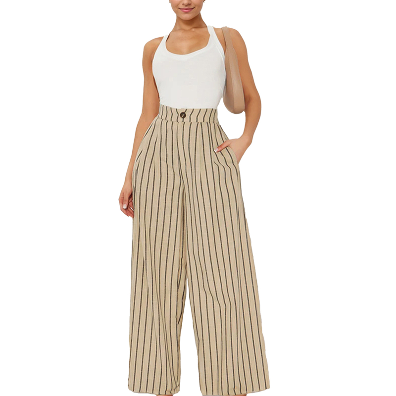 Channel 2025 Spring Summer Women's Casual High Waisted Striped Wide Leg Baggy Trousers Pants With Pockets