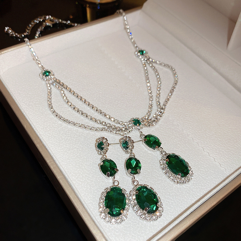 Women's Retro Silver Diamond Multi-layer European and American Style Elegant and  Luxury Necklace and Earrings Set