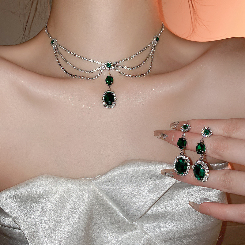 Women's Retro Silver Diamond Multi-layer European and American Style Elegant and  Luxury Necklace and Earrings Set