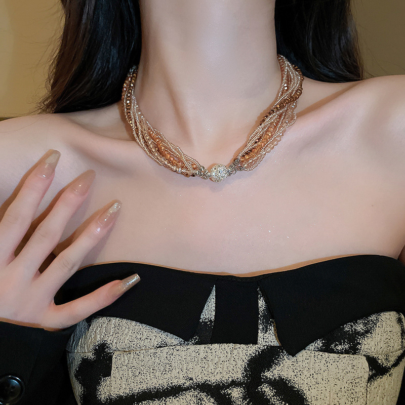 Fashion Women's Diamond Crystal Multilayer Bead Wound Artificial Crystal Necklace Fashionable and Elegant Charm Necklaces