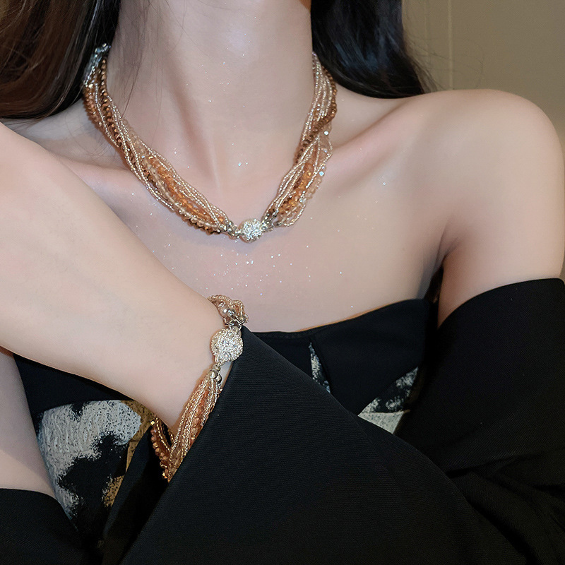 Fashion Women's Diamond Crystal Multilayer Bead Wound Artificial Crystal Necklace Fashionable and Elegant Charm Necklaces