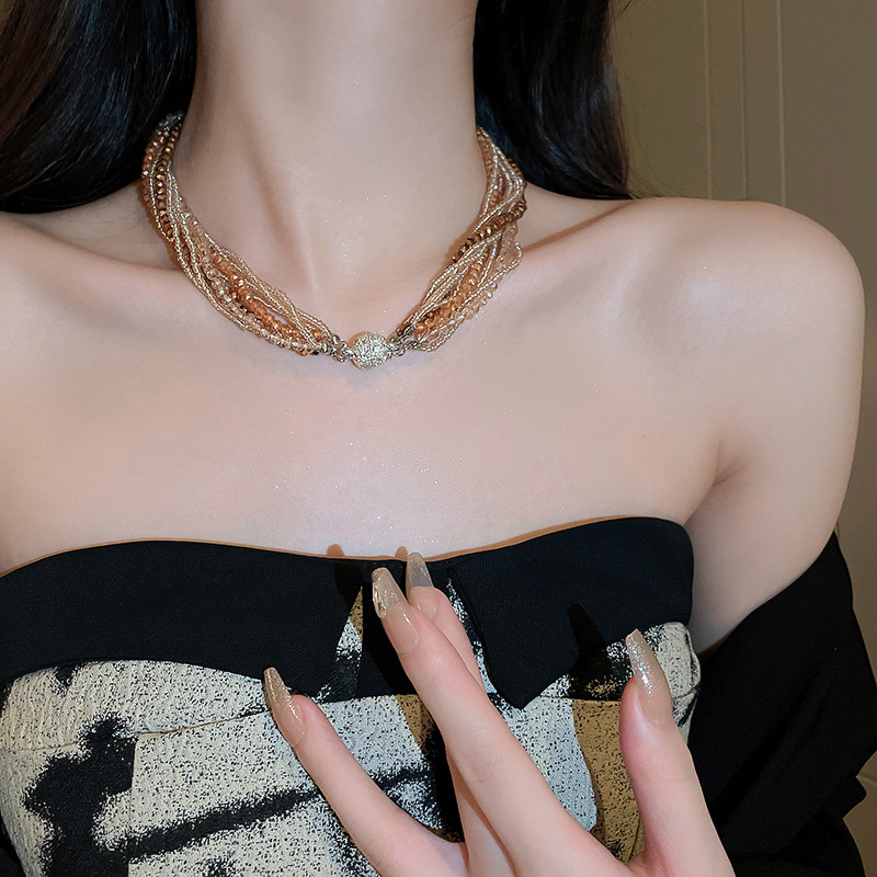 Fashion Women's Diamond Crystal Multilayer Bead Wound Artificial Crystal Necklace Fashionable and Elegant Charm Necklaces