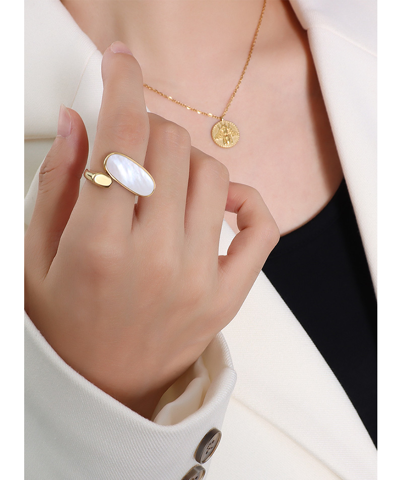 Personality Fashion Titanium Steel Color Preservation White Mother Shell Geometric Oval Ring Female Hand Jewelry Ring Ornament