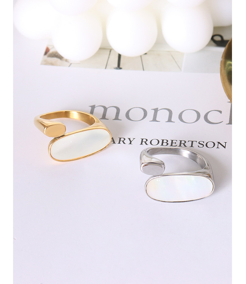 Personality Fashion Titanium Steel Color Preservation White Mother Shell Geometric Oval Ring Female Hand Jewelry Ring Ornament