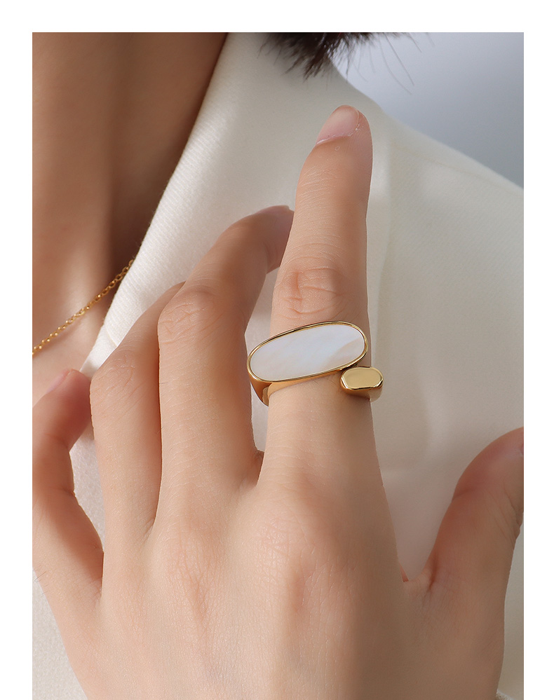 Personality Fashion Titanium Steel Color Preservation White Mother Shell Geometric Oval Ring Female Hand Jewelry Ring Ornament